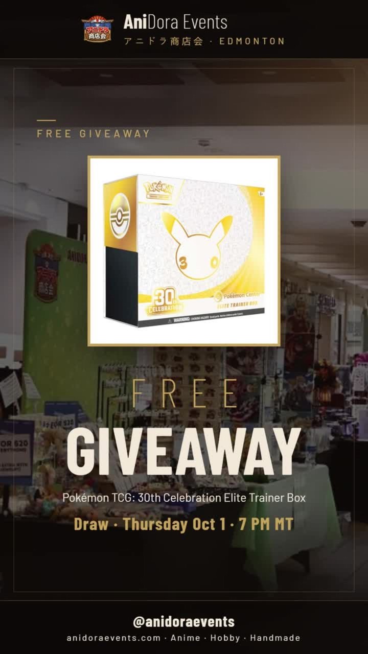 AniDora Events giveaway: Pokémon TCG 30th Celebration Elite Trainer Box, draw Thursday October 1, 2026